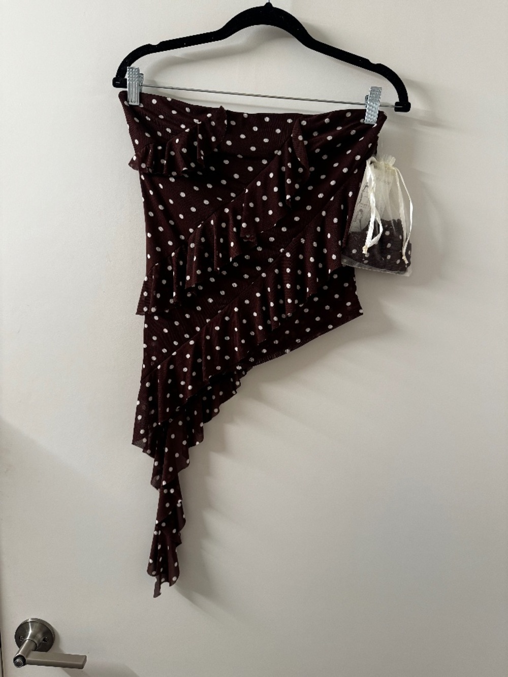 NWT! Women's Thirty Thirty Asymmetric Strapless Brown Mesh Top White Polka Dots